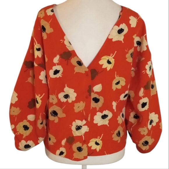 Zara Basic All Over Poppy Floral Print Back Button Balloon Sleeves Blouse Medium - Picture 4 of 10
